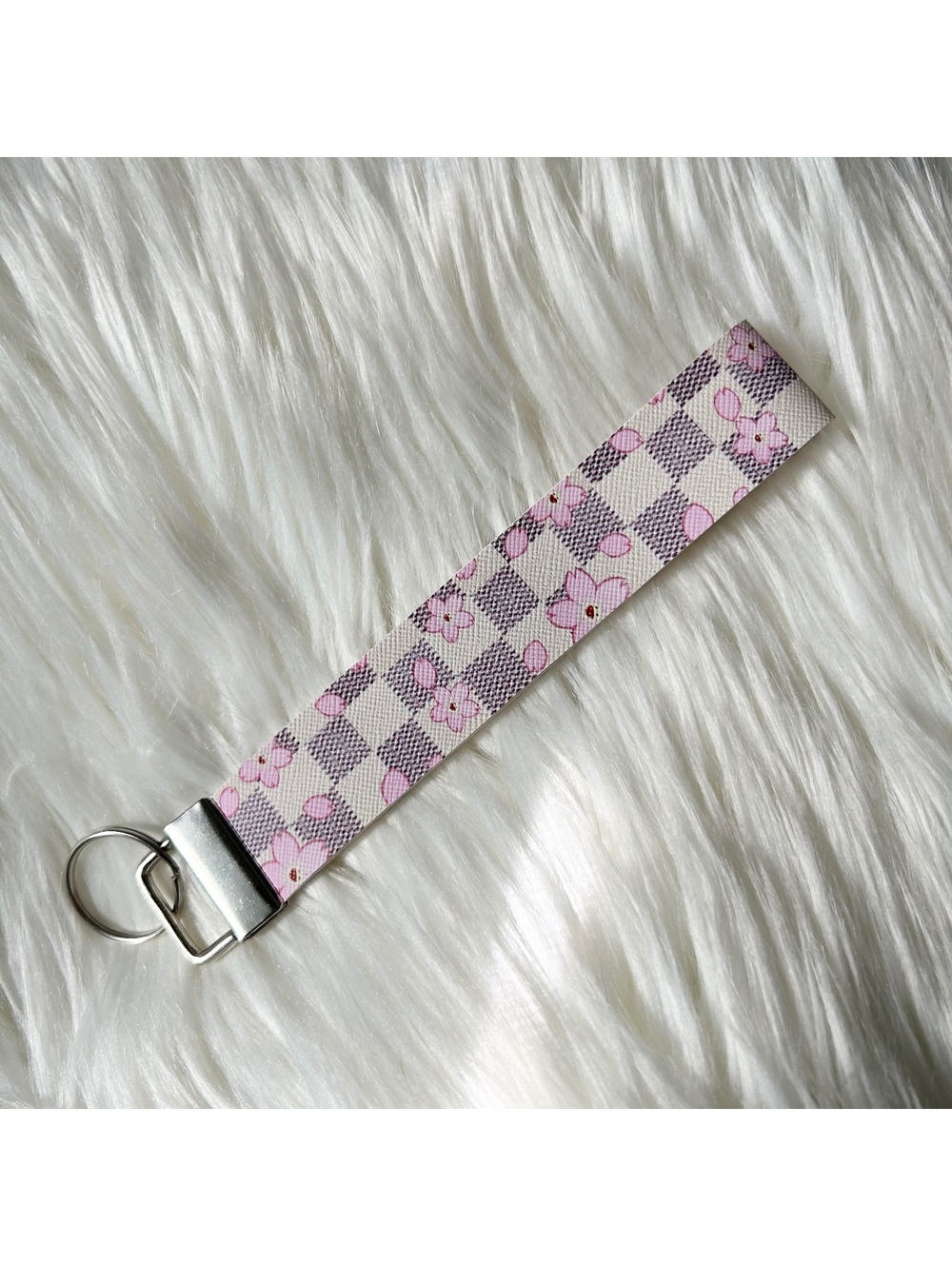 Cherry Blossom Checkered Grid Faux Leather Fashion Key Fob Keychains Wristlet
